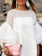 Falbala See-Through Solid Color Split-Joint Long Sleeves Loose Round-Neck Mini Dresses