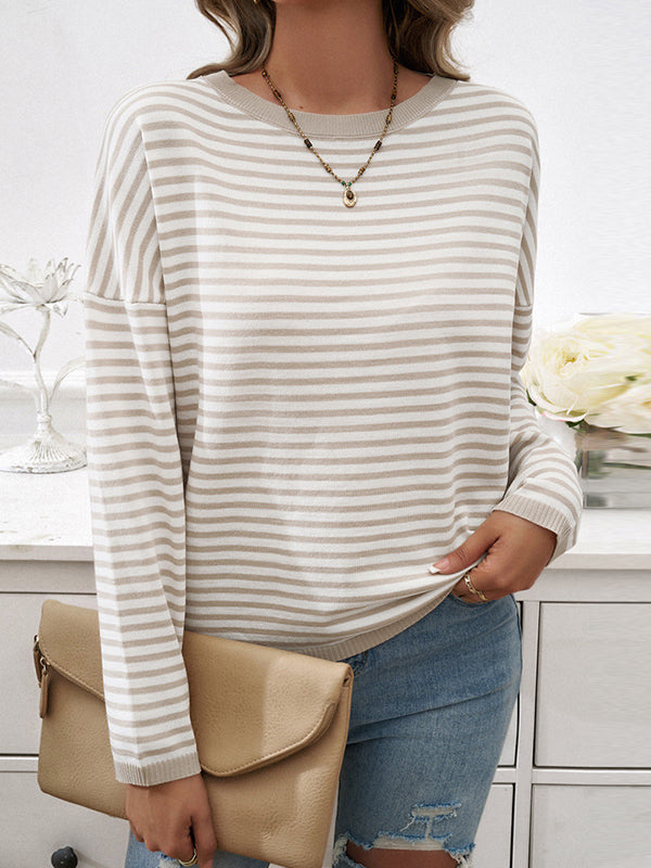 Split-Joint Striped Long Sleeves Loose Round-Neck Sweater Tops Pullovers