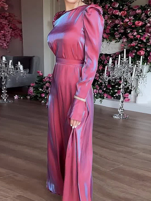 Pleated Solid Color Tied Waist Zipper A-Line Long Sleeves Round-Neck Maxi Dresses