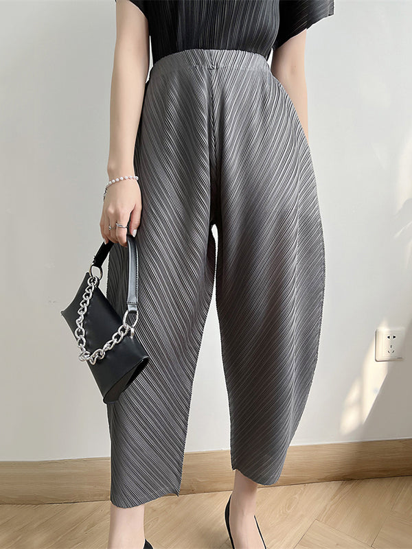 Elasticity Pleated Solid Color Split-Joint Harem Pants High Waisted Trousers Pants Ninth Pants