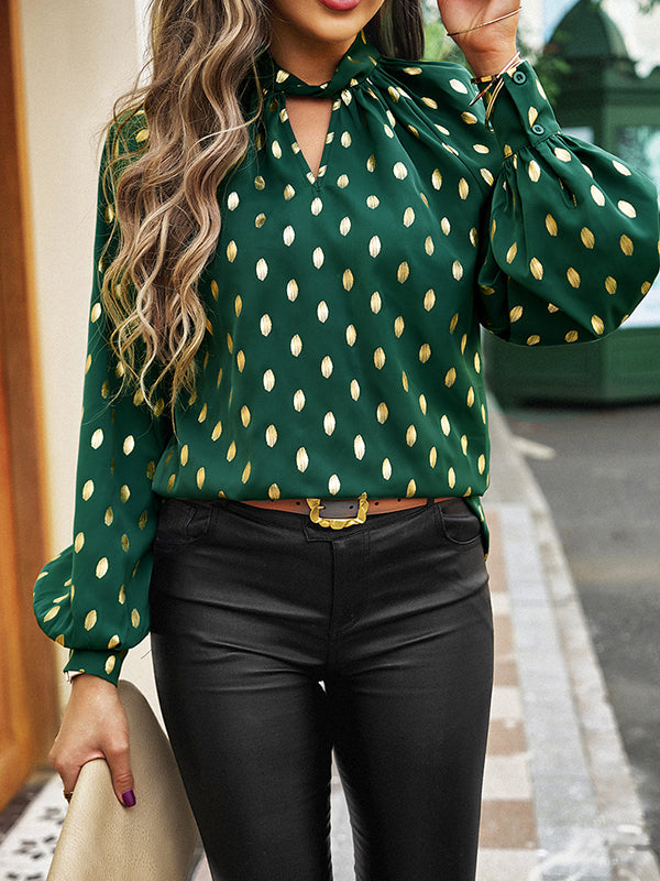 Bronzing Hollow Long Sleeves Loose Mock Neck Blouses&Shirts Tops