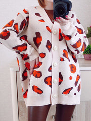 Buttoned Leopard Long Sleeves Loose V-Neck Cardigan Tops