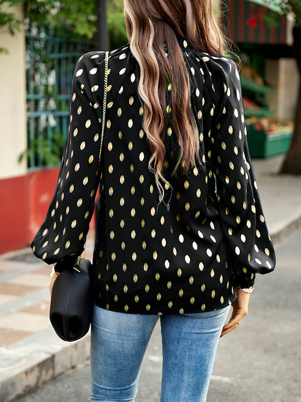 Bronzing Hollow Long Sleeves Loose Mock Neck Blouses&Shirts Tops