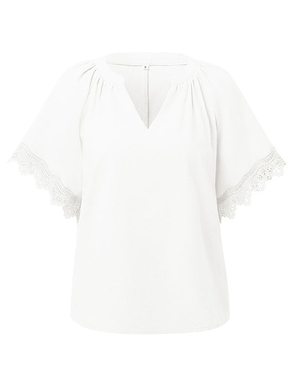 Solid Color Split-Joint Loose V-neck T-Shirts Tops