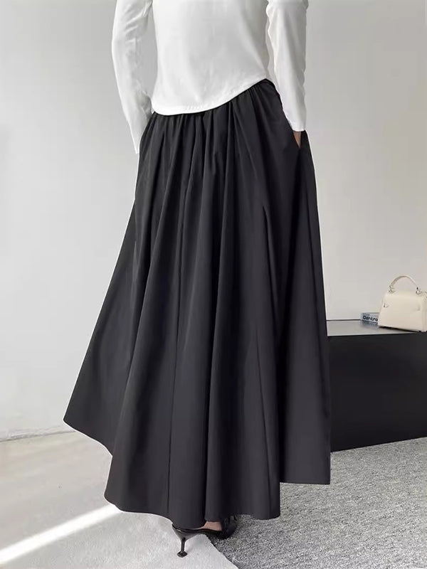 Pleated Solid Color Split-Joint A-Line High Waisted Skirts Bottoms