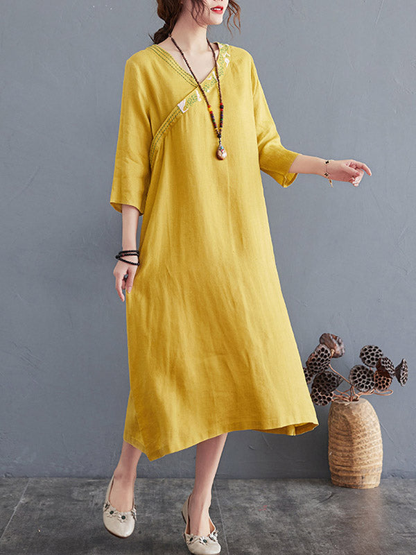Cotton Blend V-Neck Embroidered Midi Dress