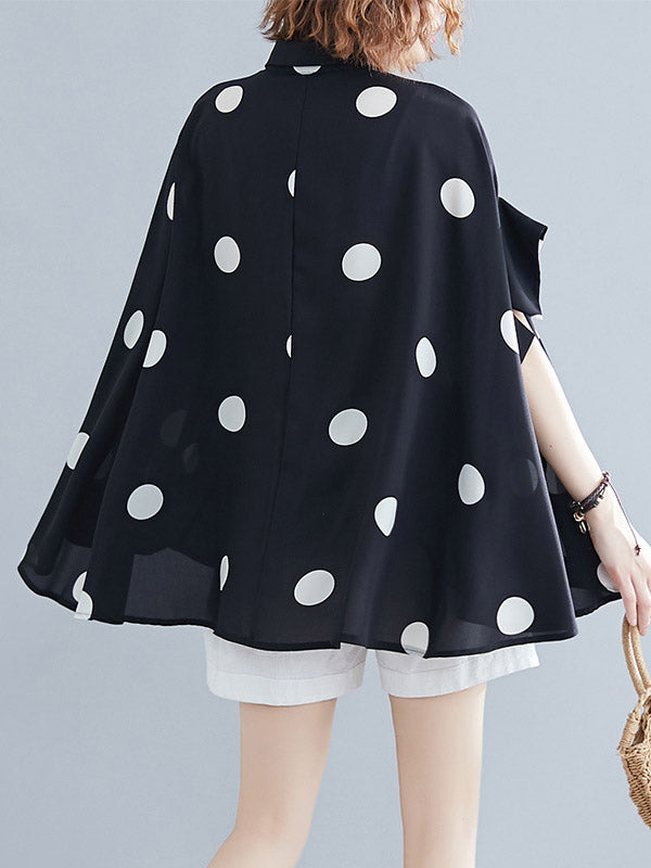 Buttoned Polka-Dot Batwing Sleeves Half Sleeves Lapel Blouses&Shirts Tops