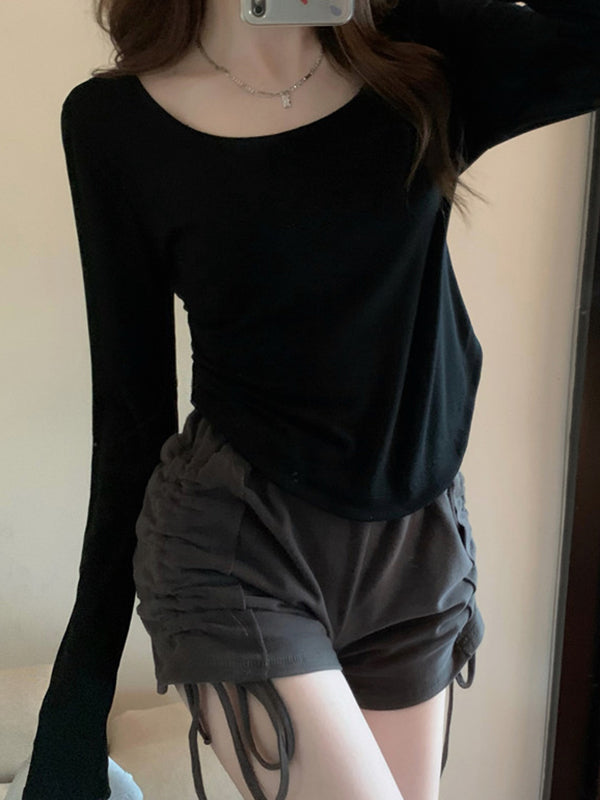 Solid Color Long Sleeves Skinny Square-Neck T-Shirts Tops
