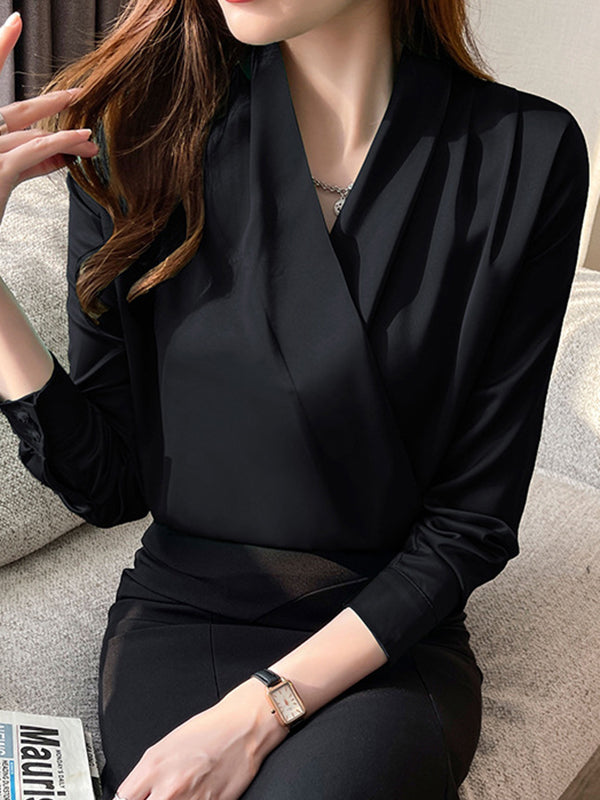 Buttoned Solid Color Long Sleeves Loose V-Neck Blouses&Shirts Tops