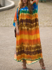 Split-Side Tie-Dyed Batwing Sleeves Loose V-Neck Maxi Dresses Beach Cover-Up