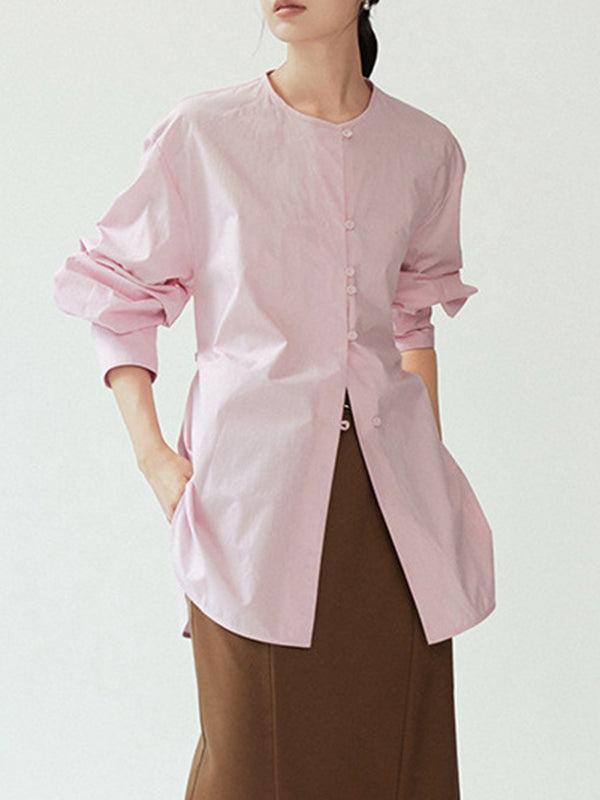 Buttoned Solid Color Tied Long Sleeves Loose Round-Neck Blouses&Shirts Tops