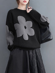 Casual Long Sleeves Loose Contrast Color Jacquard Round-Neck Pullovers
