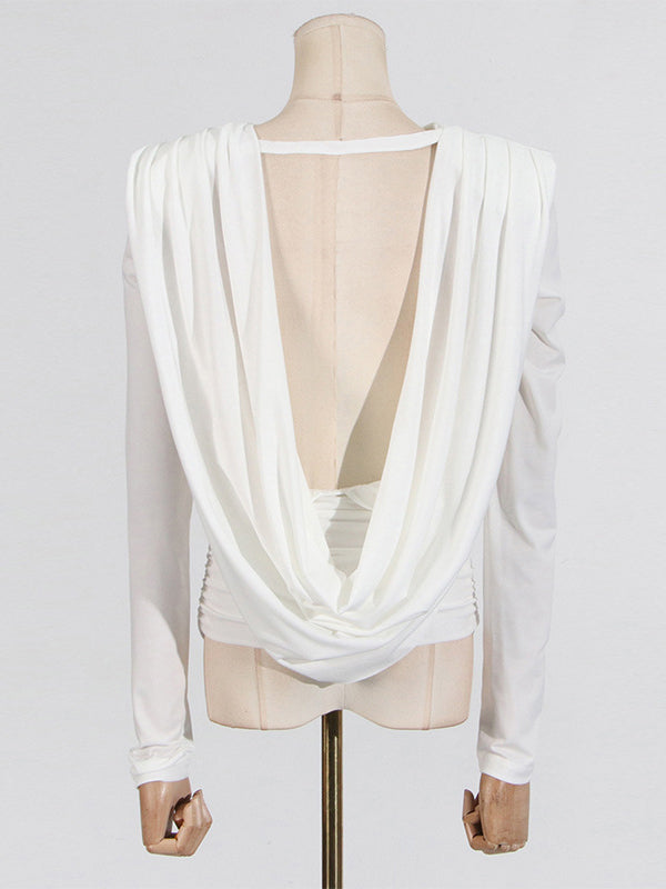 Backless Shoulder Pad Solid Color Long Sleeves Round-Neck Blouses&Shirts Tops