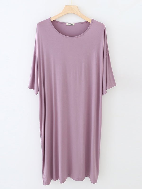 Solid Color Split-Joint High Waisted Loose Round-Neck Pajama Dress