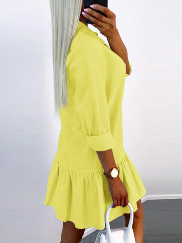 Buttoned Pleated Solid Color Split-Joint Long Sleeves Loose Lapel Shirt Dress Mini Dresses
