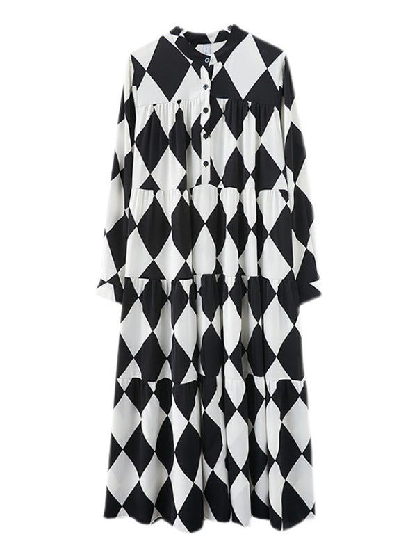 Buttoned Plaid A-Line Long Sleeves Polo Midi Dresses