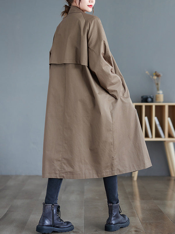 Buttoned Pockets Long Sleeves Loose Notched Collar Trench Coats