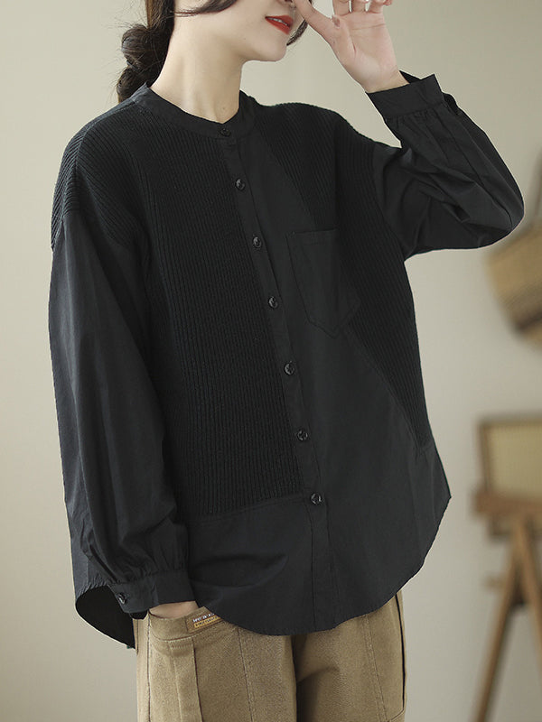 Asymmetric Buttoned Pockets Split-Joint Long Sleeves Loose Round-Neck Blouses&Shirts Tops