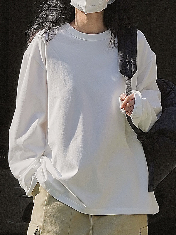 Casual Long Sleeves Loose Solid Color Round-Neck T-Shirts Tops