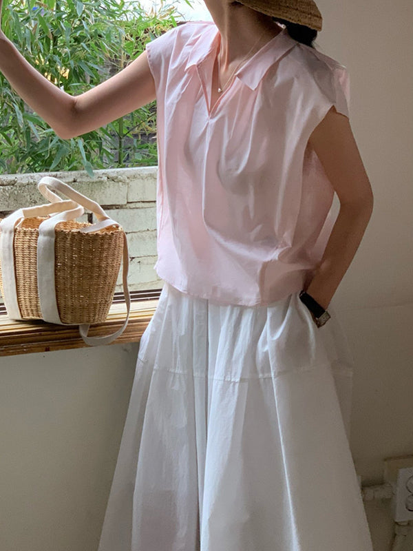Solid Color Cap Sleeve Loose Lapel Blouses&Shirts Tops