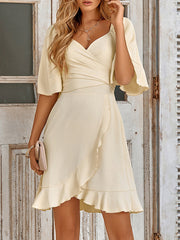Elasticity Ruffled Solid Color Split-Joint Tied Waist Flared Sleeves Half Sleeves V-Neck Mini Dresses