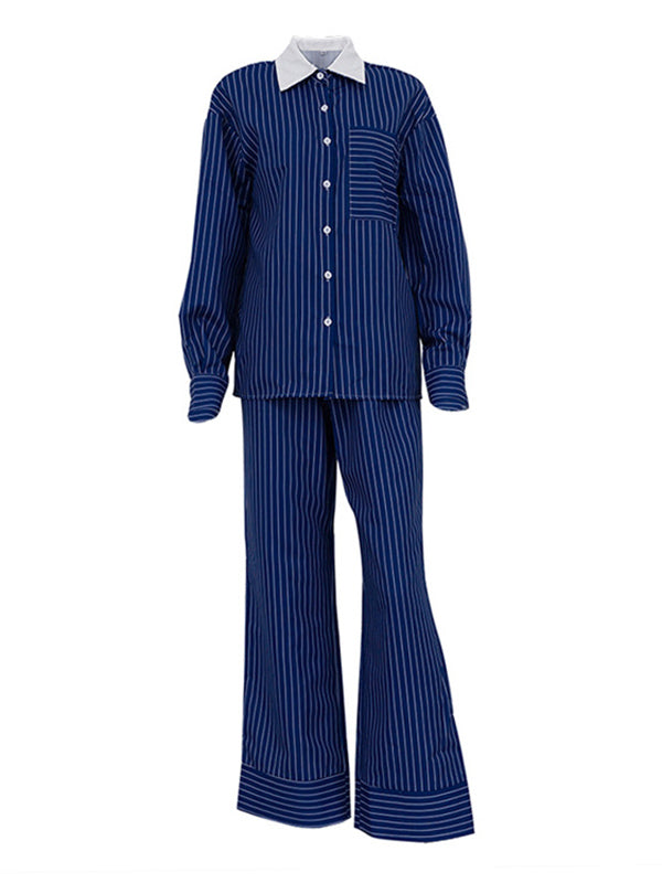 Striped Lapel Long Sleeves Loose Buttoned Pockets Split-Joint Blouses Tops + Pants Bottom Two Pieces Set