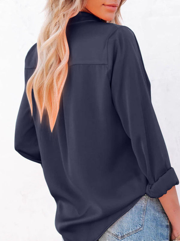 Urban Simple Long Sleeves Solid Color Lapel Blouses Top