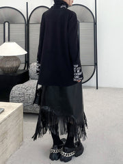 Letter Print Split-Joint Long Sleeves Loose High Neck T-Shirts
