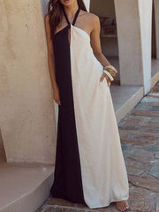 Contrast Color Loose Sleeveless Halter-Neck Maxi Dresses