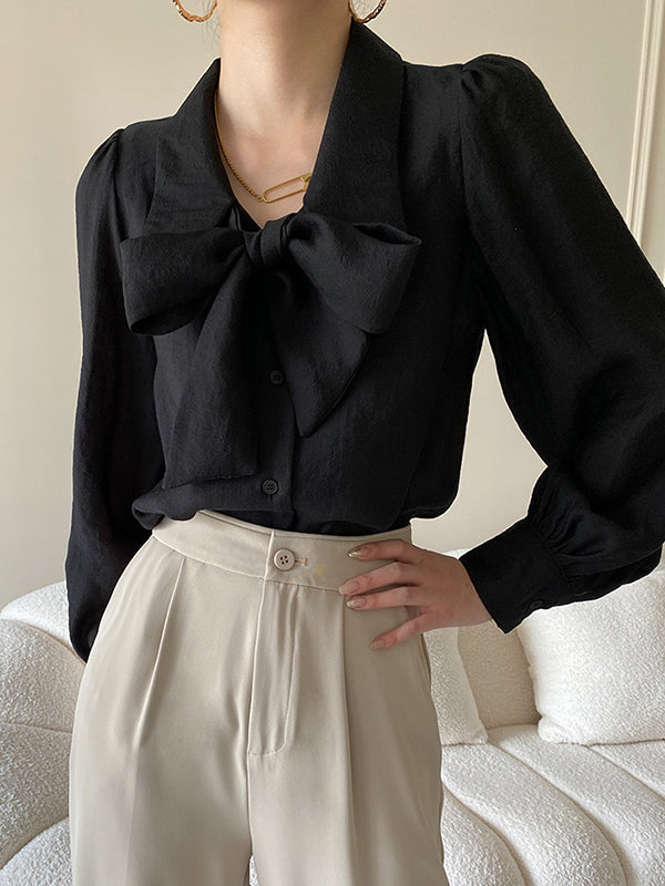 Urban Loose Long Sleeves Solid Color Lapel Collar Blouses