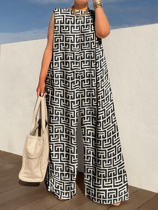 Urban Sleeveless Loose Printed Wide Leg Jumpsuits