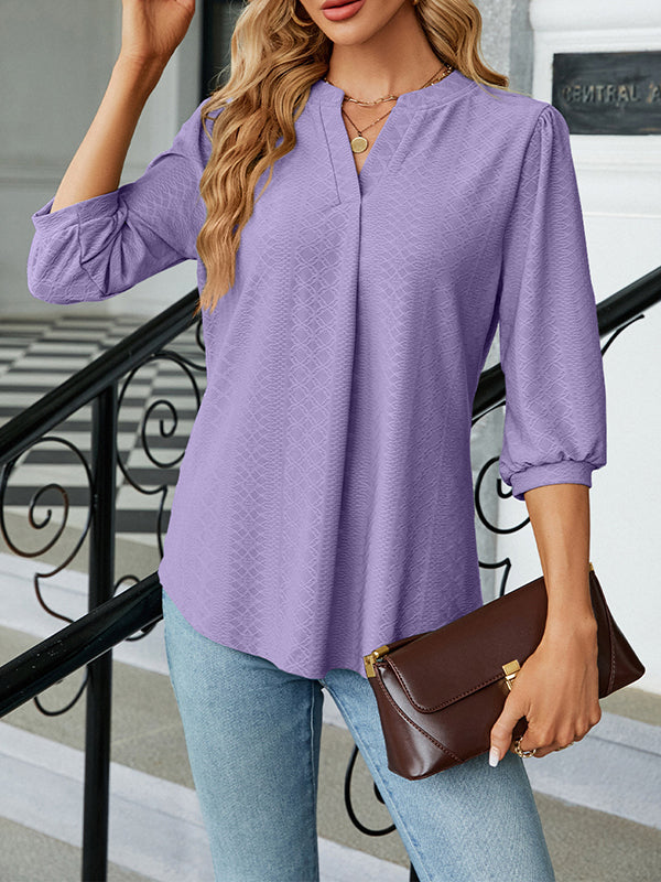 Jacquard Pleated Solid Color Split-Joint Loose Puff Sleeves V-Neck T-Shirts Tops