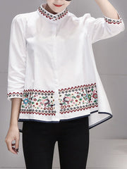 Buttoned Embroidered Loose Three-Quarter Sleeves Stand Collar Blouses&Shirts Tops
