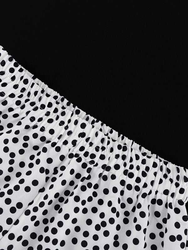 Polka-Dot Long Sleeves Loose Buttoned Contrast Color Pockets Lapel Blouses Tops + Pants Bottom Two Pieces Set