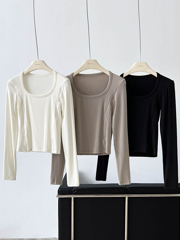 Solid Color Split-Joint Long Sleeves Skinny Round-Neck T-Shirts