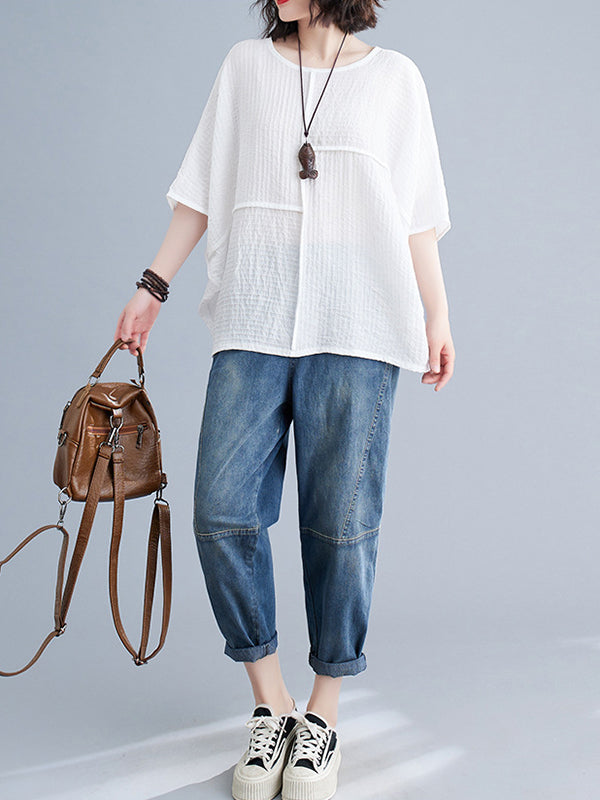 Solid Color Split-Joint Batwing Sleeves Loose Round-neck T-Shirts Tops