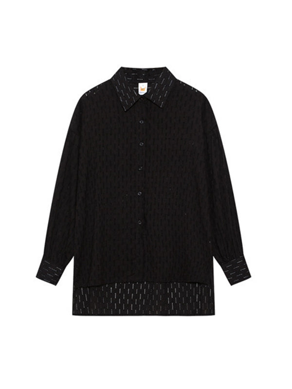 Buttoned Jacquard High-Low Long Sleeves Solid Color Lapel Shirts Top +Shorts Bottom Two Pieces Set