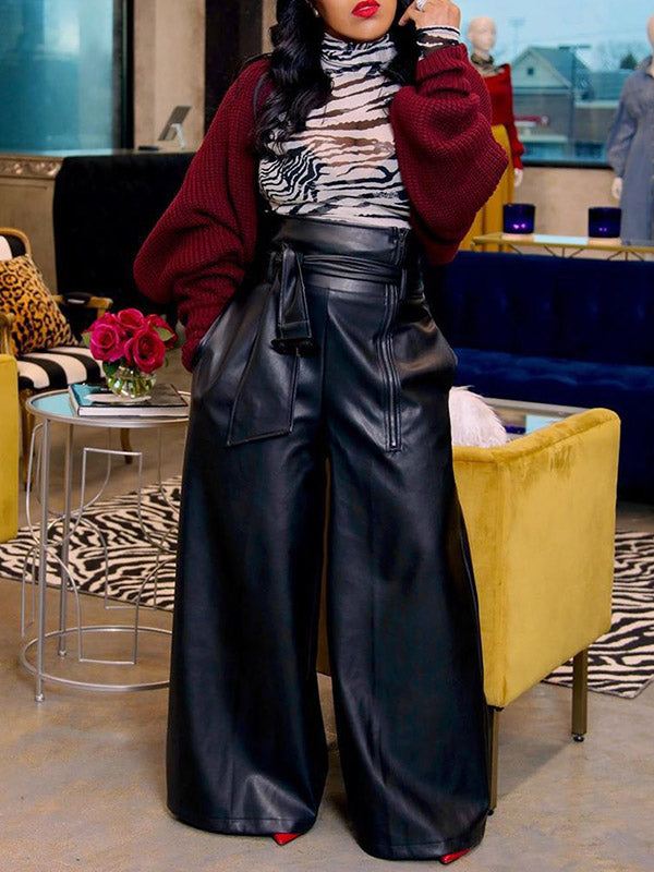 Belted Solid Color Zipper High Waisted Wide Leg Trousers Pants