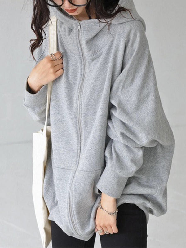 Solid Color Zipper Hooded Long Sleeves High-neck Outerwear Jackets
