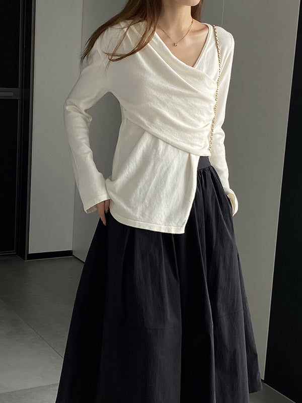 Asymmetric Solid Color Long Sleeves Loose V-Neck T-Shirts Tops