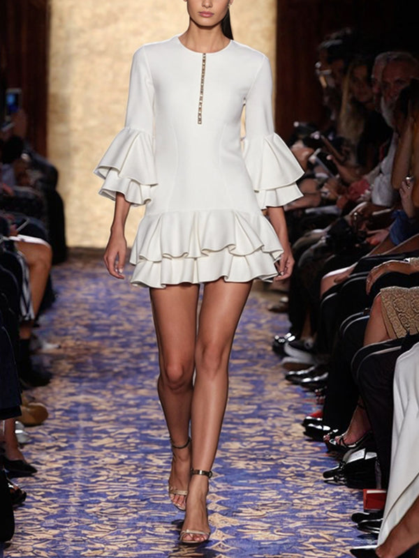 Double Layered Pleated Split-Joint Zipper A-Line Flared Sleeves Round-Neck Mini Dresses