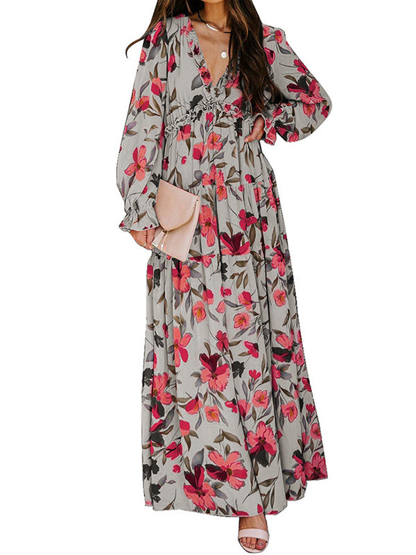 Flower Print Pleated Ruffled High Waisted Long Sleeves V-Neck Maxi Dresses