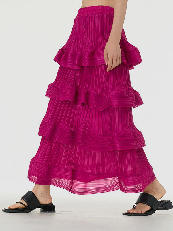 Elasticity Layered Pleated Ruffled Solid Color Loose Skirts Bottoms
