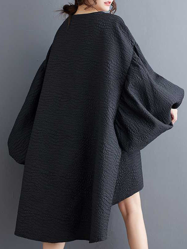 Elasticity Solid Color Split-Joint High-Low Long Sleeves Round-Neck Midi Dresses