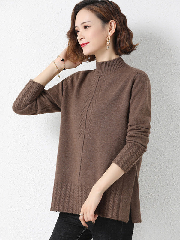 Loose Split-Side Solid Color Half Turtleneck Sweater Tops