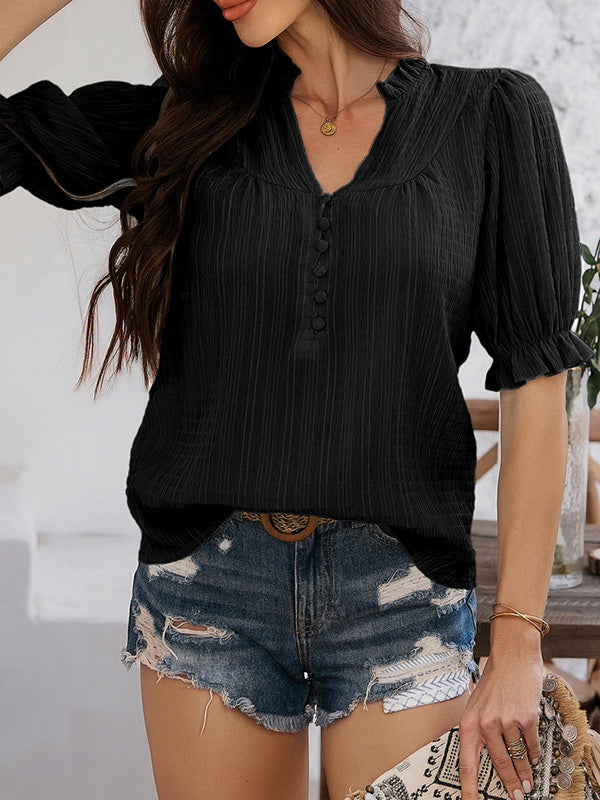 Buttoned Ruffle Trim Solid Color Flared Sleeves Half Sleeves V-neck Blouses&shirts Tops