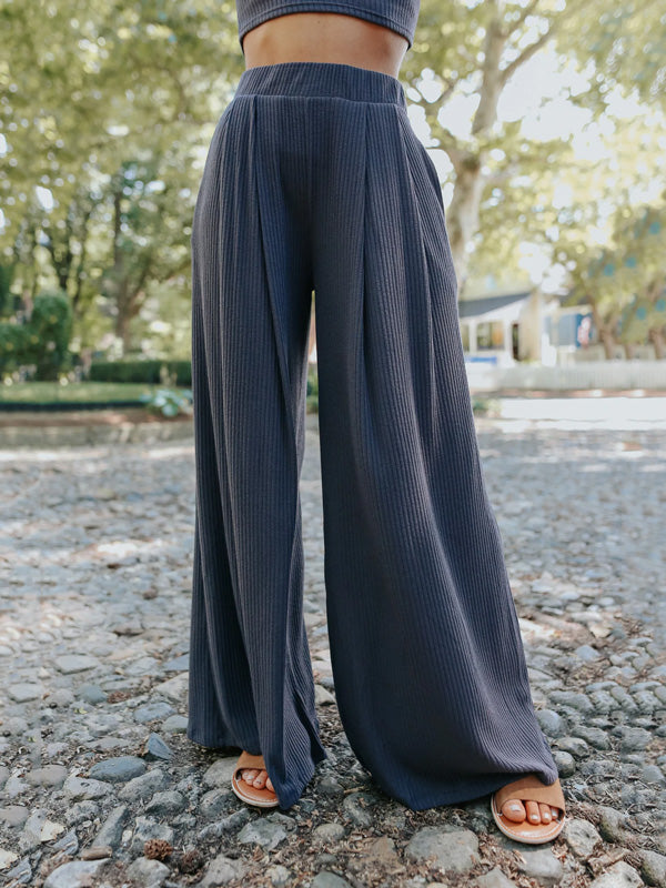 Pleated Pockets Solid Color High Waisted Loose Trousers Pants