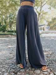 Pleated Pockets Solid Color High Waisted Loose Trousers Pants