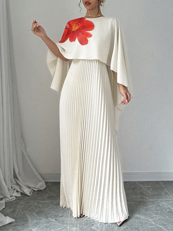 Floral Printed Pleated Split-Joint Cape Loose Round-neck Maxi Dresses Evening Dresses