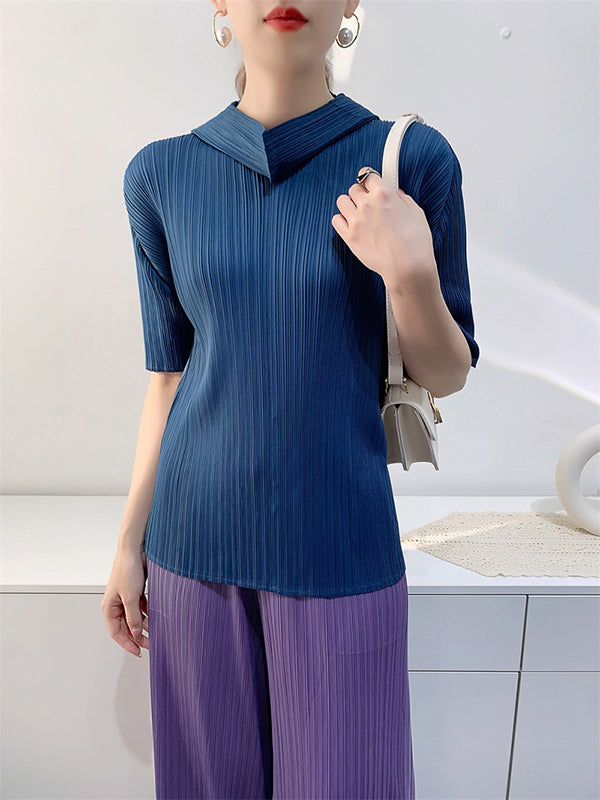 Pleated Solid Color Half Sleeves Hooded Mock Neck T-Shirts Tops